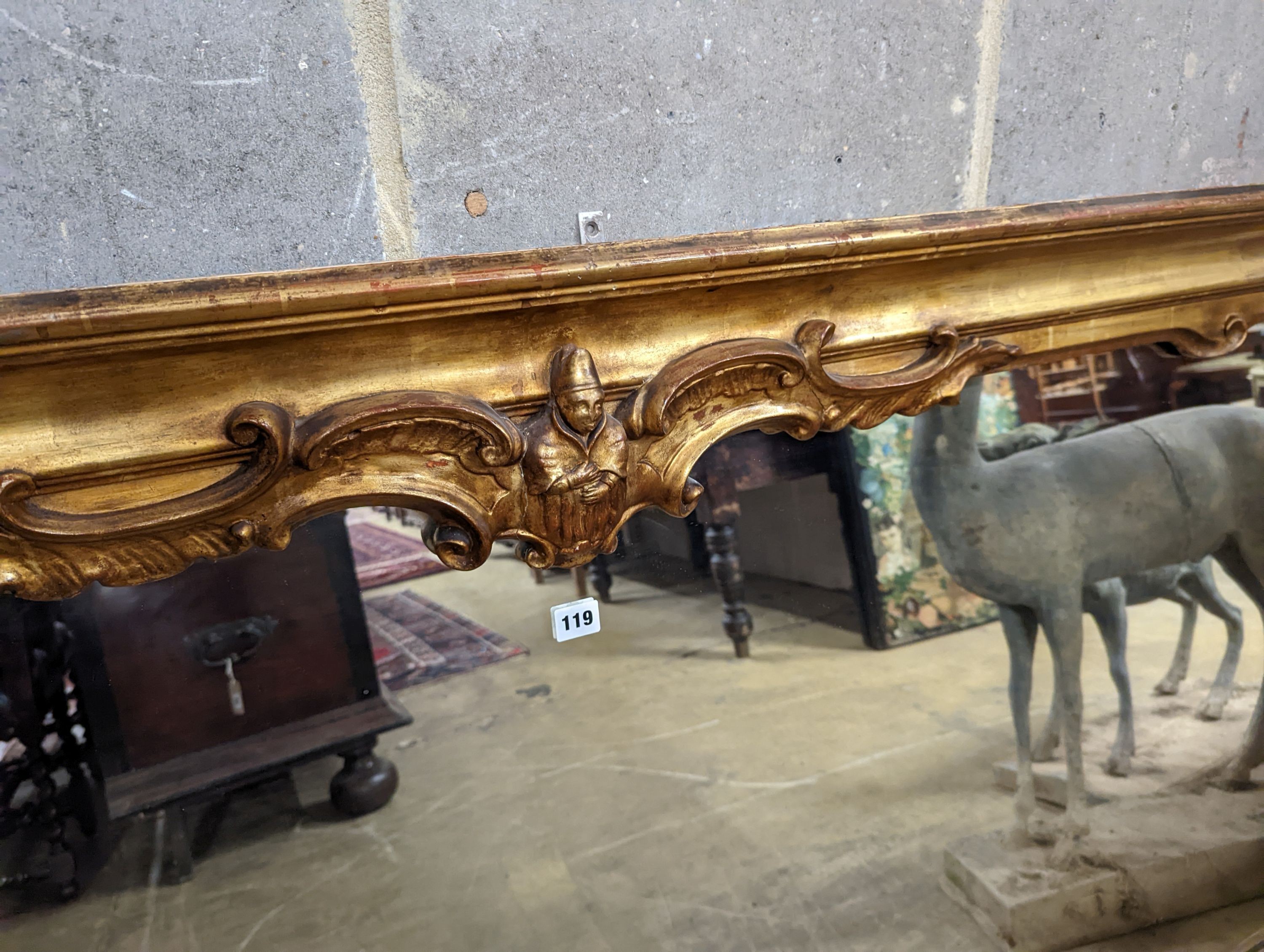 A large Victorian gilt framed landscape overmantel mirror. W-260cm, D-11cm, H-96cm.